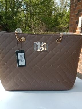 Quilted Taupe Bradley Mischka Leather Tote with Gold Chain Handles